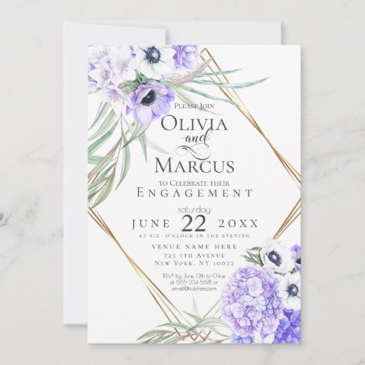 水彩紫色のアネモネフローラ幾何学模様 招待状 (正面)