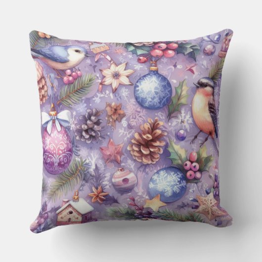 水彩紫色のクリスマスモチーフのホリデーバード クッション (裏面)