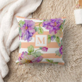 水彩紫色のピンクのフローラオレンジの白いストリップ クッション (ブランケット)