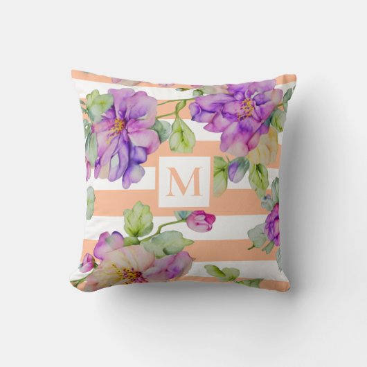 水彩紫色のピンクのフローラオレンジの白いストリップ クッション (正面)