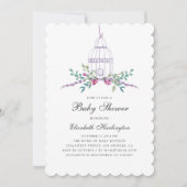 水彩紫色のフローラバードバードベビーシャワー 招待状 (正面)