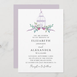 水彩紫色のフローラヴィンテージ結婚鳥籠 招待状