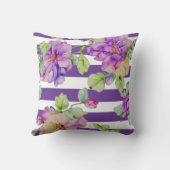 水彩紫色のフローラ紫の白いストリップ クッション (裏面)