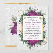 水彩紫色のポインセチア&金ゴールド冬の結婚式 招待状 (正面/裏面)