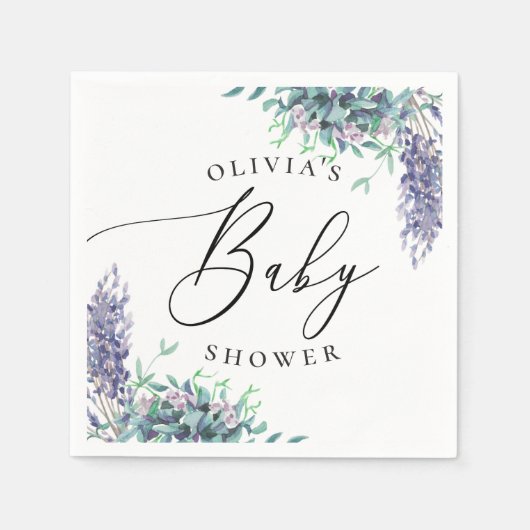 水彩紫色のラベンダーフローラのベビーシャワー スタンダードカクテルナプキン (正面)