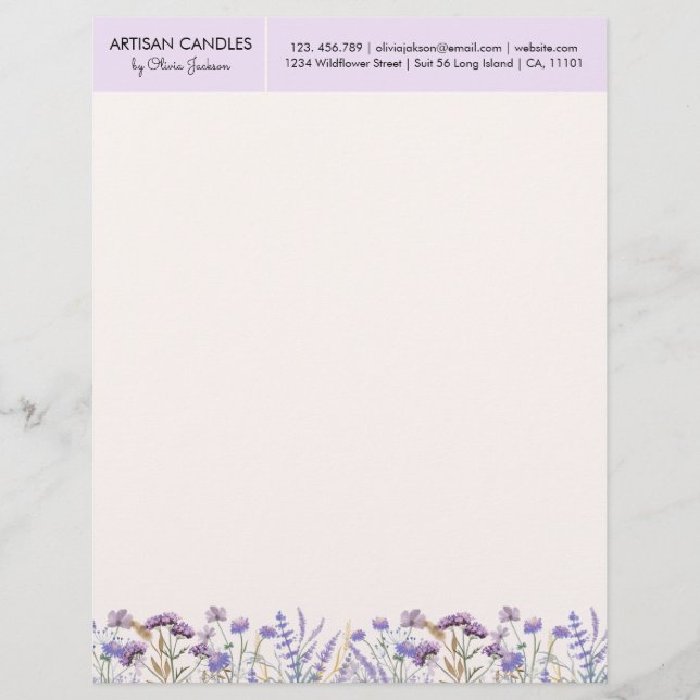 水彩紫色のワイルドフラワー草原（住所あり） レターヘッド (正面)