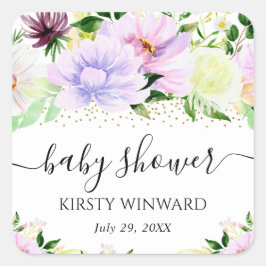 水彩紫色の夏の花ベビーシャワー スクエアシール