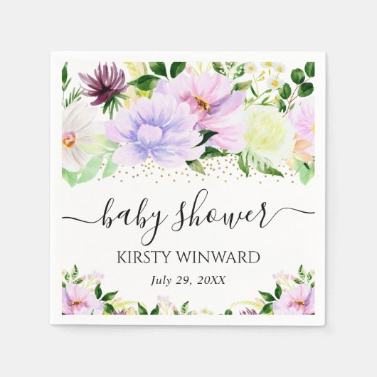 水彩紫色の夏の花ベビーシャワー スタンダードカクテルナプキン (正面)