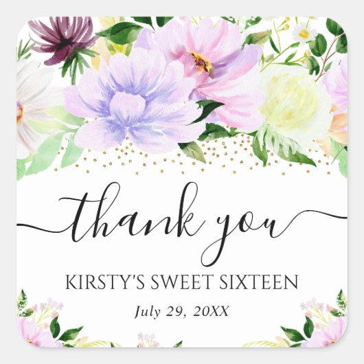 水彩紫色の夏の花Sweet sixteen スクエアシール (正面)