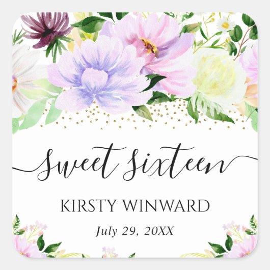 水彩紫色の夏の花Sweet sixteen スクエアシール (正面)