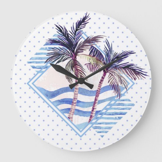 水彩紫色の幾何学的なヤシの木のパターン ラージ壁時計 (正面)