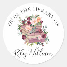 水彩紫色の本とバラ蔵書票シール