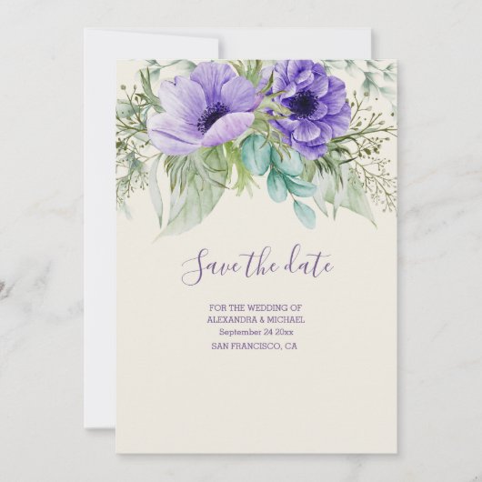 水彩紫色の植物結婚式の日付を保存 セーブザデート