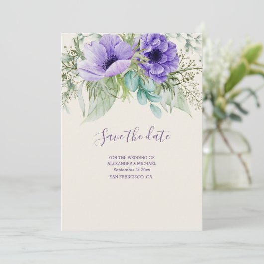 水彩紫色の植物結婚式の日付を保存 セーブザデート (スタンド正面)