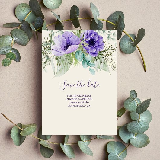 水彩紫色の植物結婚式の日付を保存 セーブザデート