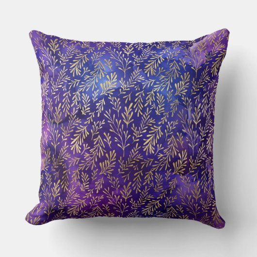 水彩紫色の模様(金ゴールド付き葉) クッション (正面)