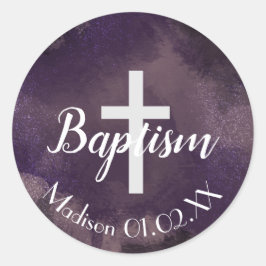 水彩紫色の洗礼十字子の名前 ラウンドシール