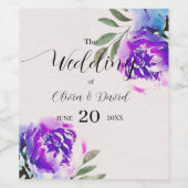 水彩紫色の花と葉結婚色 ワインラベル (シングルラベル)