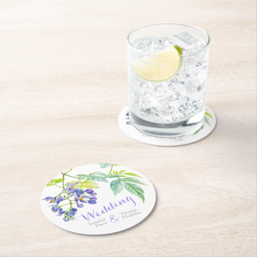 水彩紫色の花の結婚紙コースター ラウンドペーパーコースター (インサイチュ)