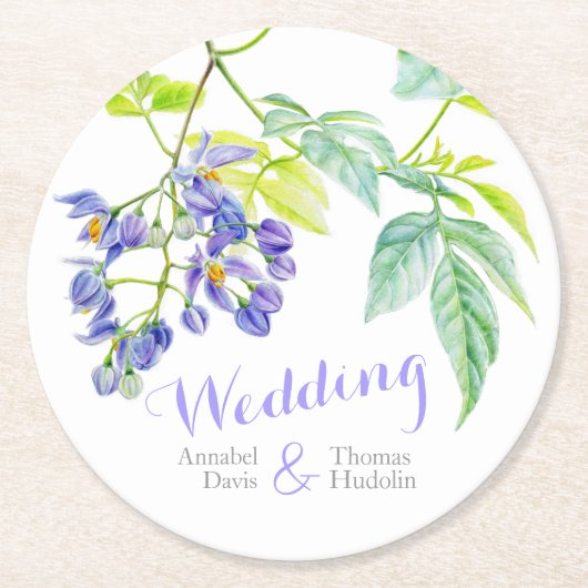 水彩紫色の花の結婚紙コースター ラウンドペーパーコースター (正面)