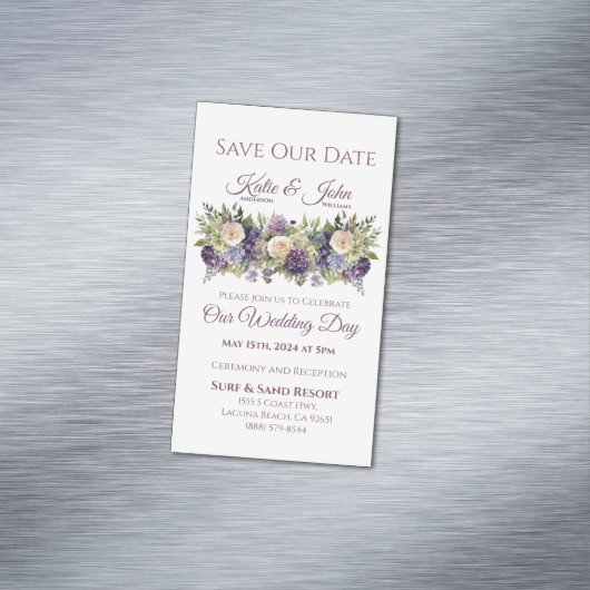 水彩紫色の花の花束 – 日付を保存 マグネット名刺 (インサイチュ)