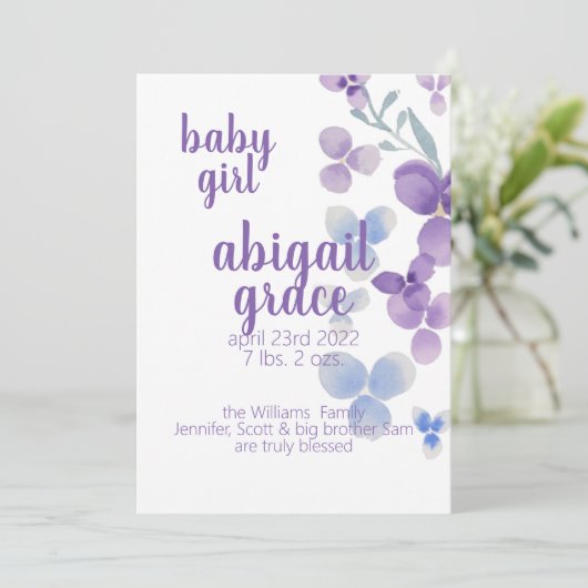 水彩紫色の花の誕生発表 案内状 (スタンド正面)