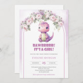 水彩紫色の花アーチ恐竜ガールベビー 招待状 (正面/裏面)