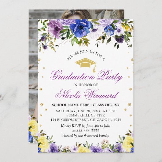 水彩紫色の花ガール卒業パーティー 招待状 (正面/裏面)