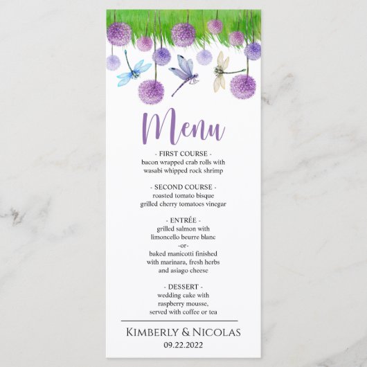 水彩紫色の花結婚のディナーメニュー メニュー (正面)