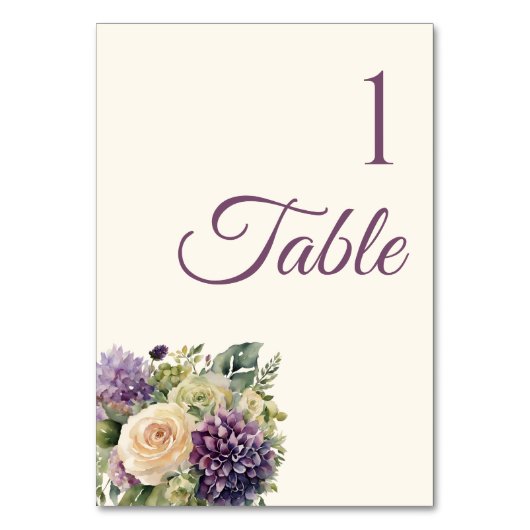 水彩紫色の花花束結婚の –  テーブルナンバー (正面)