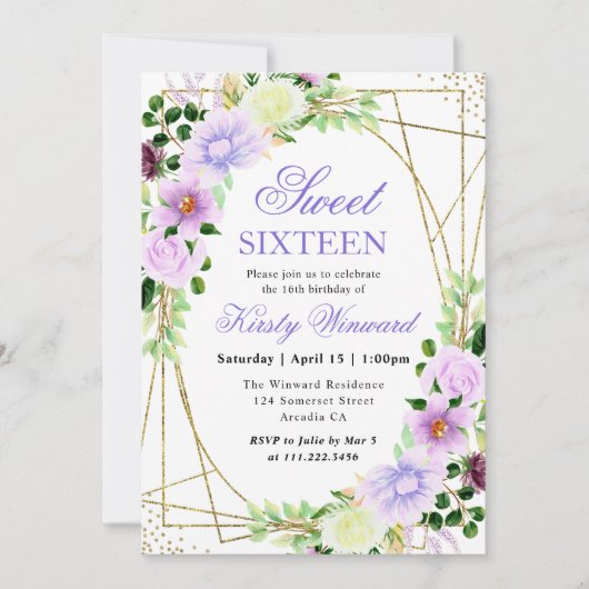 水彩紫色の花金ゴールドフレーム甘い16 招待状 (正面)