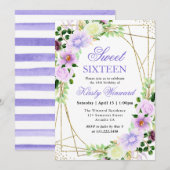 水彩紫色の花金ゴールドフレーム甘い16 招待状 (正面/裏面)