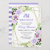 水彩紫色の花金ゴールドフレーム21st誕生日 招待状 (正面/裏面)