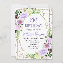 水彩紫色の花金ゴールドフレーム21st誕生日 招待状