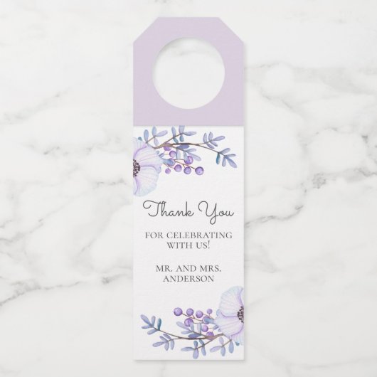 水彩紫色の花。フローラ結婚の感謝していお前 ボトルネックタグ (正面)