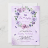 水彩紫色の蝶の赤ちゃん女の子赤ちゃんシャワー 招待状 (正面)