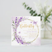 水彩紫色の蝶の赤ちゃん女の子赤ちゃんシャワー 招待状 (スタンド正面)