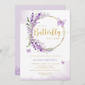 水彩紫色の蝶の赤ちゃん女の子赤ちゃんシャワー 招待状 (正面/裏面)