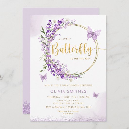 水彩紫色の蝶の赤ちゃん女の子赤ちゃんシャワー 招待状 (正面/裏面)