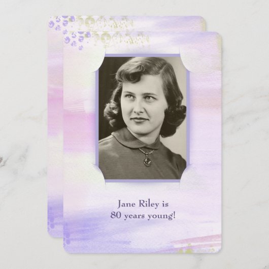 水彩紫色の誕生日パーティーフォトフレーム 招待状 (正面/裏面)