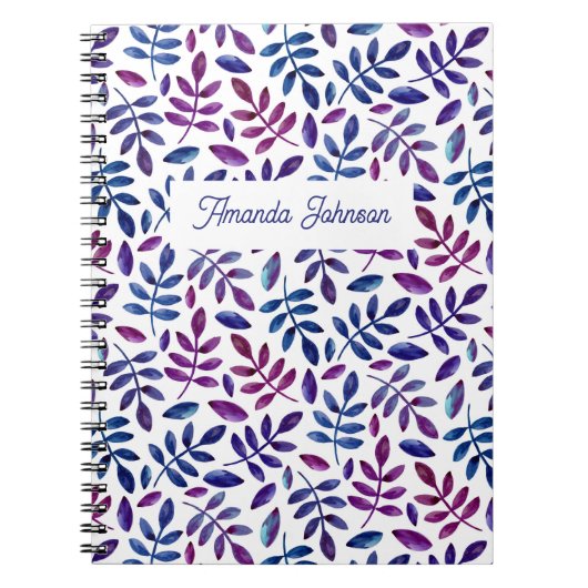 水彩紫色の青いフローラ植物模様 ノートブック (正面)