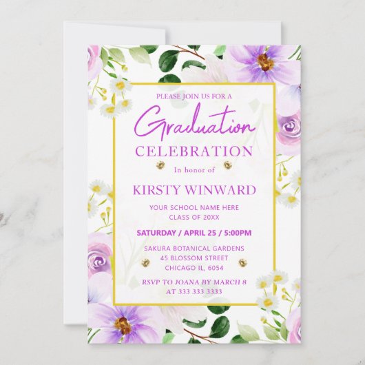 水彩紫色の魔法の花の卒業 招待状 (正面)