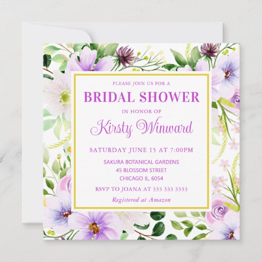 水彩紫色の魔法の花ブライダルシャワー 招待状 (正面)