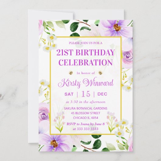 水彩紫色の魔法の花誕生日 招待状 (正面)