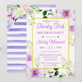 水彩紫色の魔法の花21歳の誕生日 招待状 (正面/裏面)