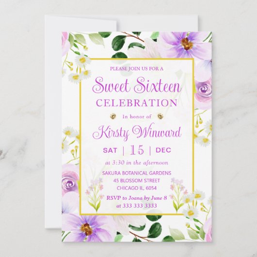 水彩紫色の魔法の花Sweet sixteen 招待状 (正面)