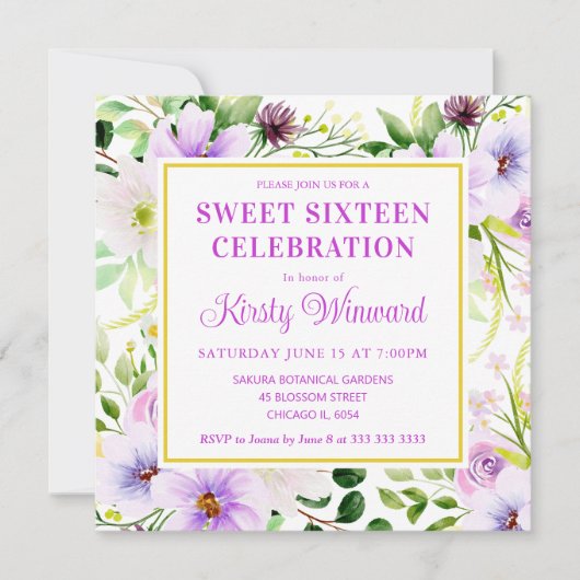 水彩紫色の魔法の花Sweet sixteen 招待状 (正面)