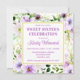 水彩紫色の魔法の花Sweet sixteen 招待状