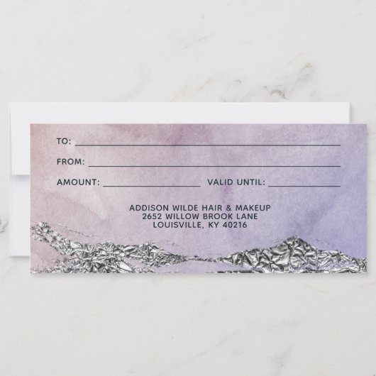 水彩紫色の黒銀のギフト証明書 (裏面)