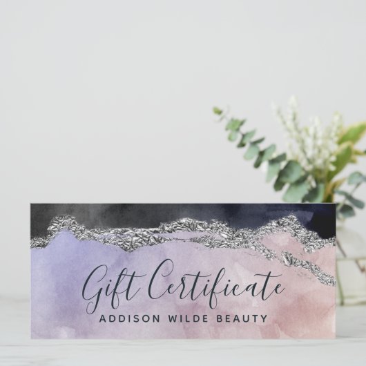 水彩紫色の黒銀のギフト証明書 (スタンド正面)